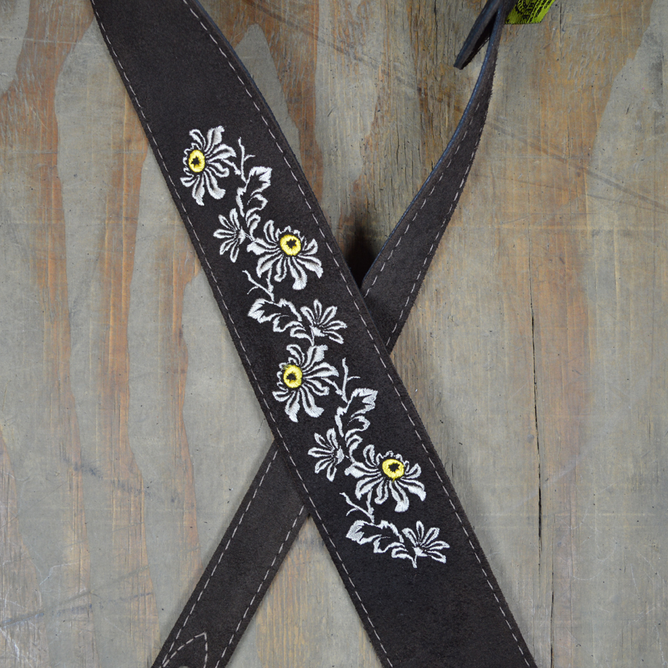 Flowers Embroidered Brown Suede Guitar Strap Colonial Leather