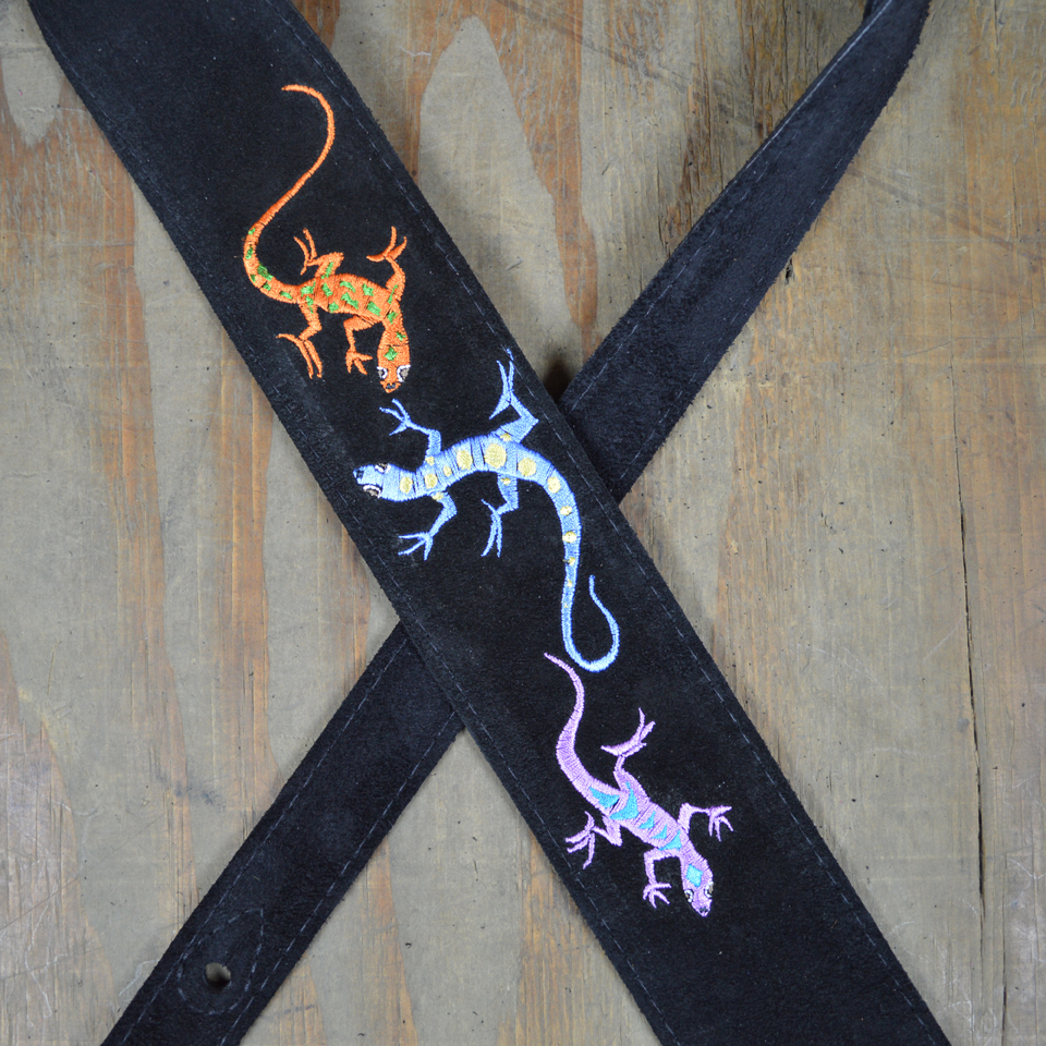 Lizards Embroidered Black Suede Guitar Strap Colonial Leather