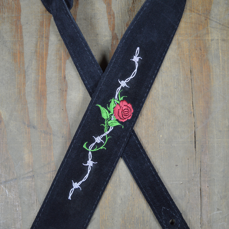 Rose & Barbed Wire Embroidered Black Suede Guitar Strap Colonial Leather