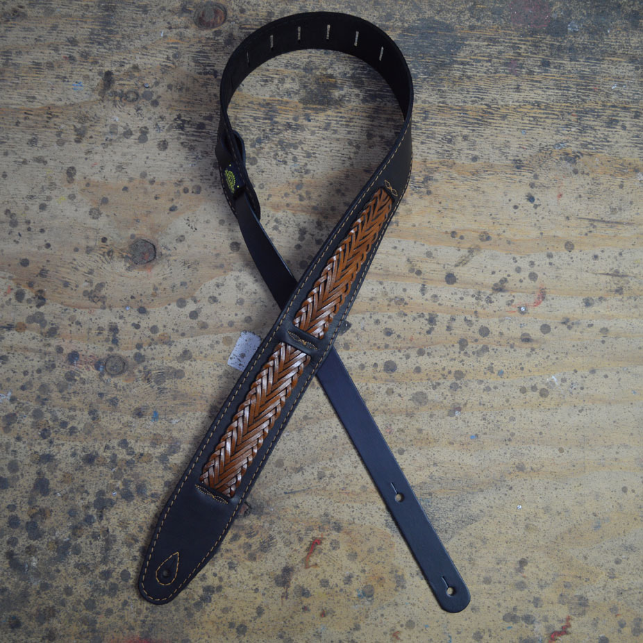 Black Soft Leather with Brown Plait Guitar Strap - Colonial Leather