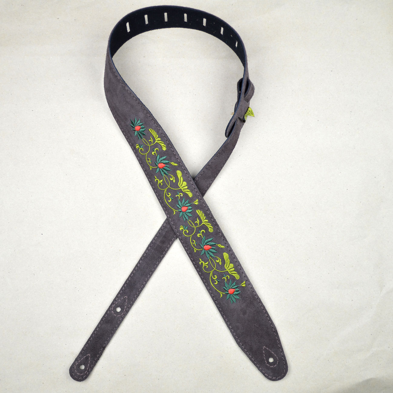 Flower and Leaves Embroidered Brown Suede Guitar Strap Colonial Leather