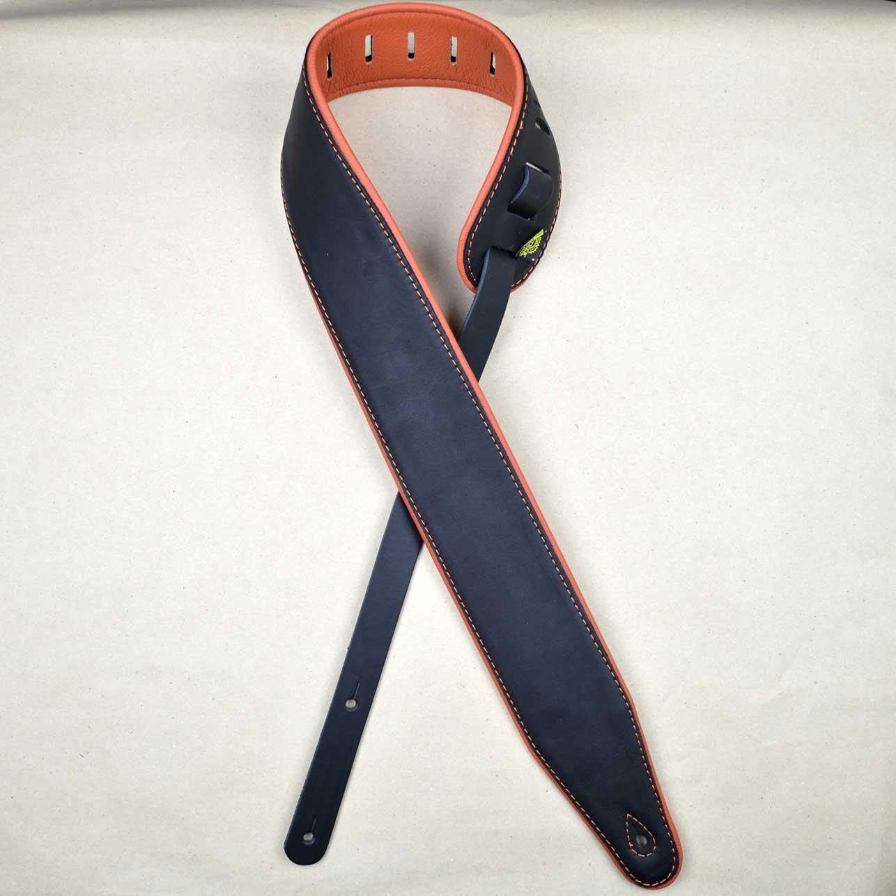 Padded Upholstery Leather Guitar Strap Black & Orange